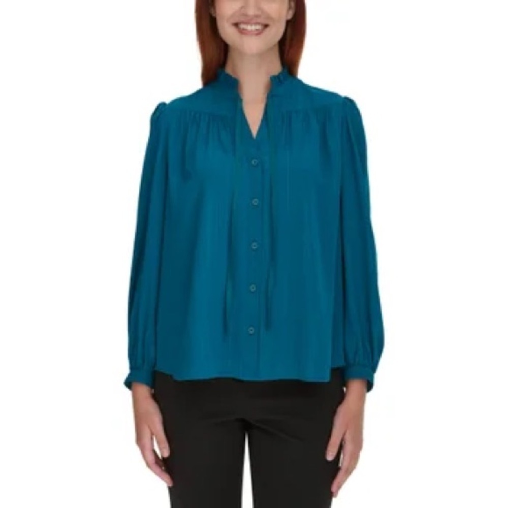 DKNY - Women's Blouse Teal NWOT Long Sleeve Flowy Top Lightweight Ruffle Large